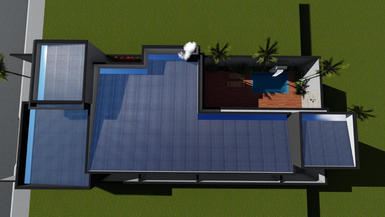 Vista superior em 3D de projeto residencial com cobertura e área externa